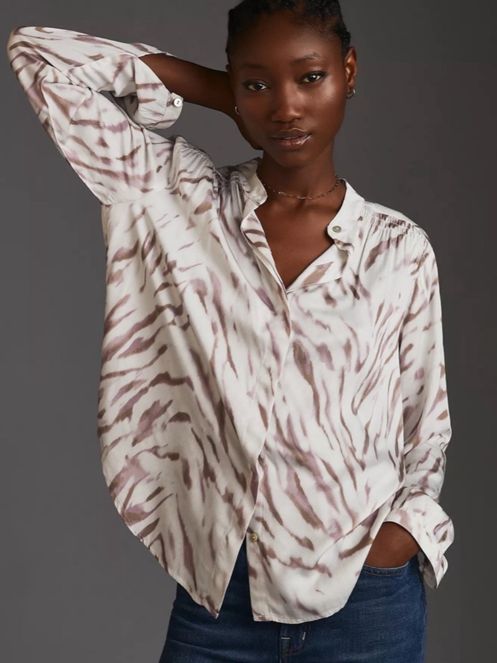 Bella Dahl EcoVero Satin Frosted Zebra Smocked Blouse L EUC